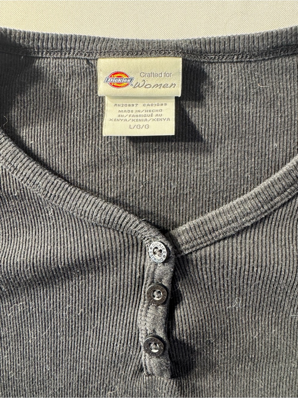 5 for $12 Dickies Women’s Large Black  Ribbed Henley Top with Button Placket - Picture 2 of 4